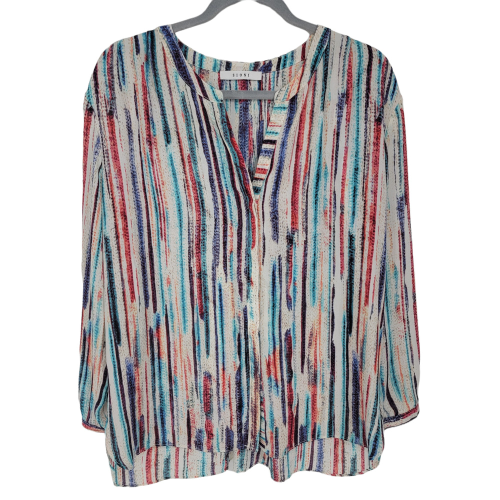 Sioni Women's Multi Stripe Blouse Long Sleeve Notch Neck Hi Low Hem Size XL